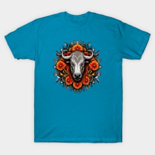 Buffalo Surrounded By A Wreath Of Orange Flowers Tattoo Art T-Shirt